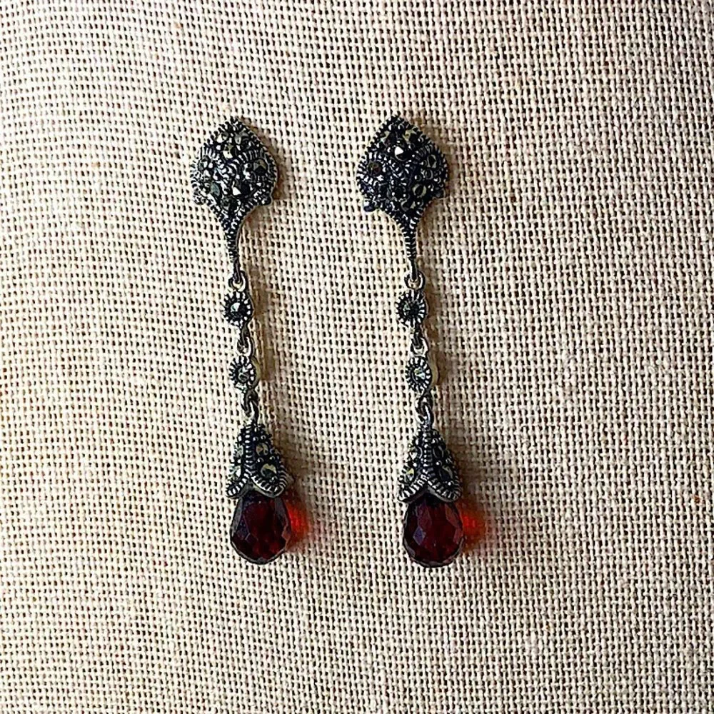 Vintage Red Garnet and Marcasite Long Drop Dangle Sterling Silver Earrings - Picture 14 of 14